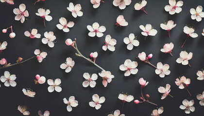 Sweet cherry blossom pattern on black background_ vintage filtered image