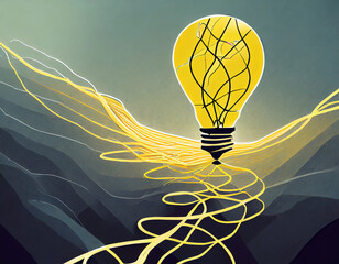Tangled line leads to yellow light bulb, creative idea. Problem solution, concept. Think differently. Leader and success