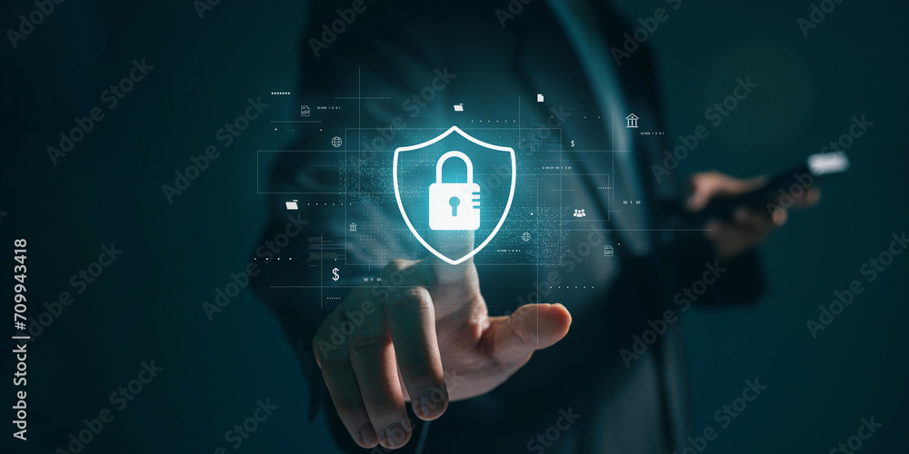 Poster Cybersecurity and privacy concepts to protect data. Lock icon and internet network security technology. A businessman protecting personal data and internet privacy