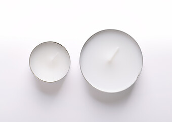 Common tealight and a maxi tealight, from above. Two types of tea lights, also called tea candle or t-lite, with different burning time, and a thin metal cup, so wax can liquefy completely while lit. - obrazy, fototapety, plakaty