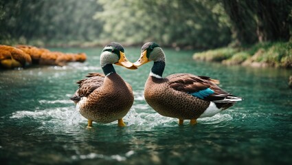  a Two magnificent ducks effortlessly meander through the glistening waves.