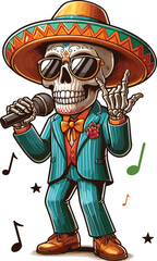 Skull sing mexico theme drawing in a warrior outfit, fighter pose, chibi style