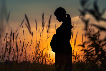 Pregnant woman at the sunset, Motherhood banner 