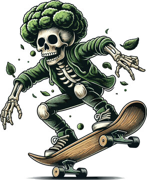 Skull skateboarding tree theme drawing in a warrior outfit, fighter pose, chibi style