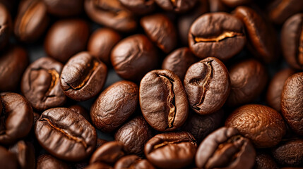 Obraz premium Up close Brown pile of coffee beans, aerial view, coffee beans texture. 