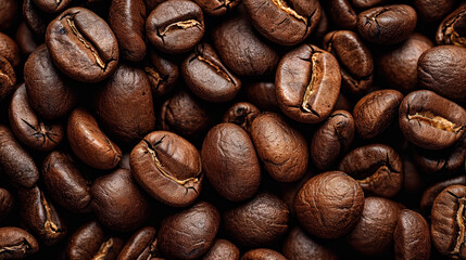 Fototapeta premium Up close Brown pile of coffee beans, aerial view, coffee beans texture. 