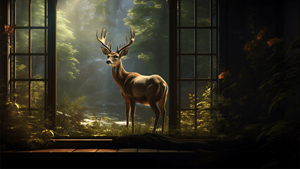 3d rendering of a deer standing in a dark room with a window