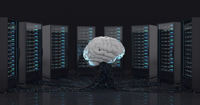 AI - Artificial intelligence concept - Artificial brain training by processing information from data centers. (3D Animation)