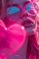 Closeup of beautiful girl with sunglasses and pink neon heart. Pink neon illumination, Valentine's concept.
