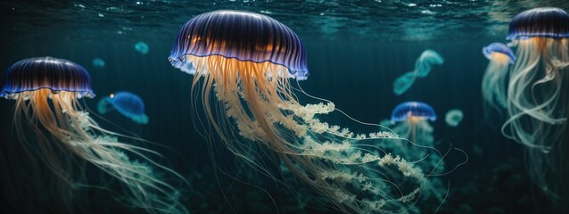 A blue glowing jellyfish casts shadows across an enigmatic underwater panoramic scene.