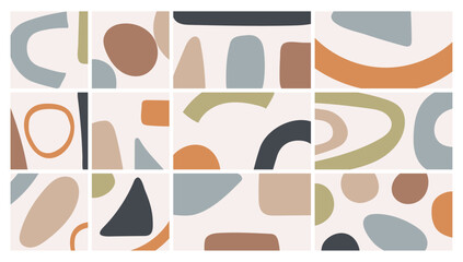 Set of minimalist abstract backgrounds with simple naive hand drawn shapes. Decorative flat vector illustrations for web, social networks, print and branding.