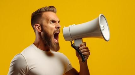 Portrait of surprised young Man shouting into a hand loudspeaker megaphone in yellow color studio background