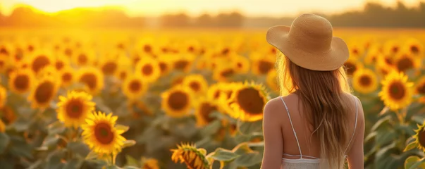Poster Young woman in field of sunflowers at sunset © thejokercze