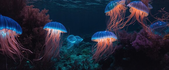 a blue jellyfish shining in a panoramic underwater scene that is eerie and weird