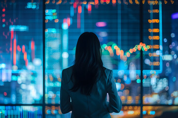 business woman in front of display, looking at trading chart or statistics, hologram with data 