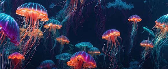 A dark and enigmatic underwater panoramic vista is illuminated by a bioluminescent purple jellyfish.