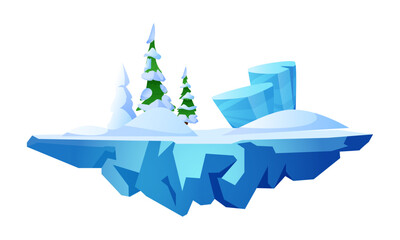 Level platform, frozen forest ice land island floating, vector fantasy game rock stage with fir-trees and snowdrifts