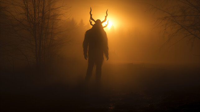 A eery devil figure from the netherworld glows in foggy moonlight.