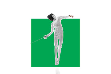 Female fencer in motion over white background with green element. Demonstration of skills and form...