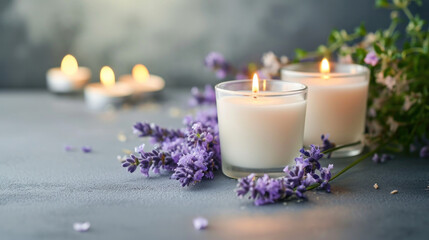 Obraz na płótnie Canvas Homemade aroma lavender scented candles, burning candles backdrop 