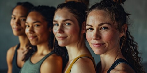A group of young female athletes in a studio, clad in workout attire, happily posing for the camera and showcasing their passion for physical activity and wellness.