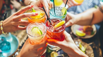 Group of pals clinking fancy drinks while enjoying a lively social gathering with a vibrant filter and emphasis on the lower cuba libre beverage.