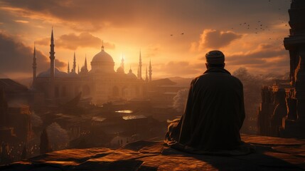 silhouette of Muslim man sitting and prying with view of mosque.