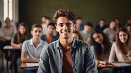 Ecstatic university student in class gazing at camera.