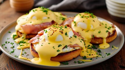 Eggs benedict made with Ai generative technology - obrazy, fototapety, plakaty