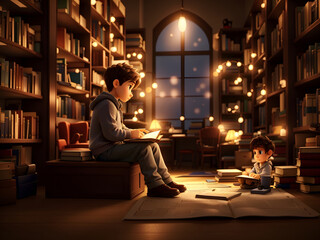 boy reading a book with a warm light at library