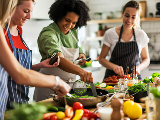Group of friends cooking together in a kitchen. People having fun while preparing food.