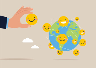 Hand put new funny and positive emoticons on world map across globe. Positive thinking, or an optimistic attitude. Flat vector illustration