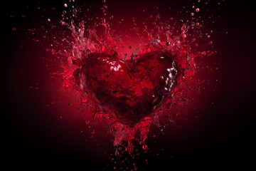 Red heart with water splash effect on dark background. Valentine's Day card