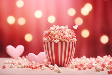 Fototapeta na wymiar Full bucket of popcorn and hearts against background with lights, sparkles and bokeh