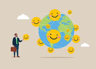 Increased emotional intelligence. Businessman put new funny and positive emoticons on world map across globe. Flat vector illustration