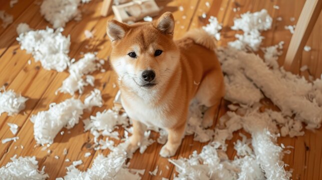 Photo of a ginger dog Shiba inu, who made a mess in the house