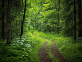 Obraz premium beautiful spring forest landscape with green trees and dirt road in the morning