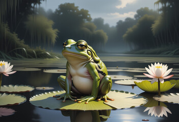 A frog sits on a lotus leaf in the middle of a large lotus pond.