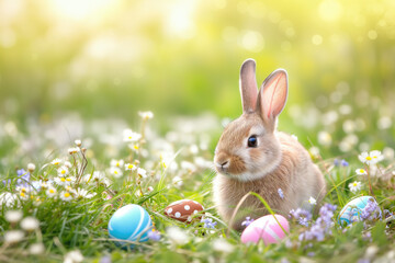 Fototapeta na wymiar Adorable bunny with easter eggs in flowery meadow