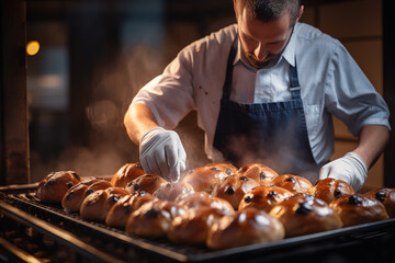 Young male baker preparing hot cross buns in bakery