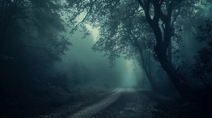 Enigmatic dim woods with foggy path, eerie Halloween scenery of sinister trees.