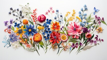 an exquisite array of colorful flowers meticulously placed on a clean white canvas.