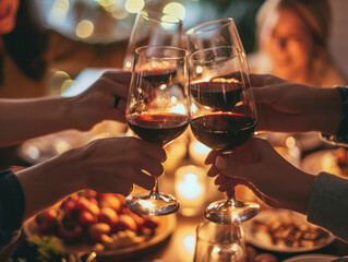 Group of friends toasting with red wine glasses at festive dinner party