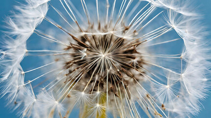 Close-Up of Delicate Dandelion Seeds on a Calm Blue Backdrop