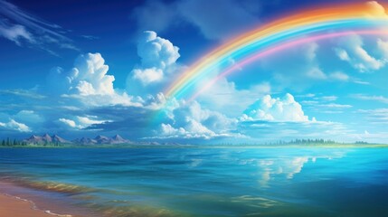 Beautiful scenery of blue sea with rainbow. AI generated image