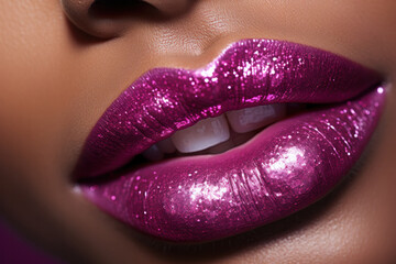 Fototapeta premium Bright pink glitter woman's lips close up 