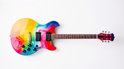an isolated, colorful guitar against a pure white background. - obrazy, fototapety, plakaty