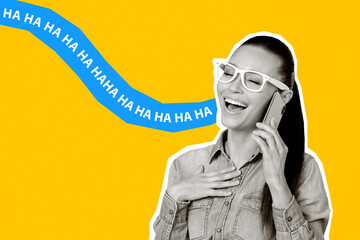 Collage image of cheerful positive black white effect girl communicate telephone ha ha ha laugh isolated on yellow background