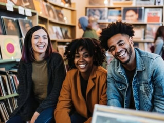 Group of happy students sitting on bookshelf in library, smiling