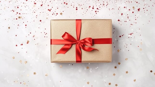 Gift box with a beautiful red ribbon on blur background. AI generated image
